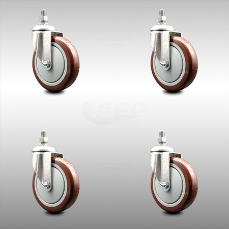 Service Caster 5 Inch 316SS Maroon Polyurethane Wheel Swivel 3/8 Inch Threaded Stem Caster Set SCC-SS316TS20S514-PPUB-MRN-381615-4